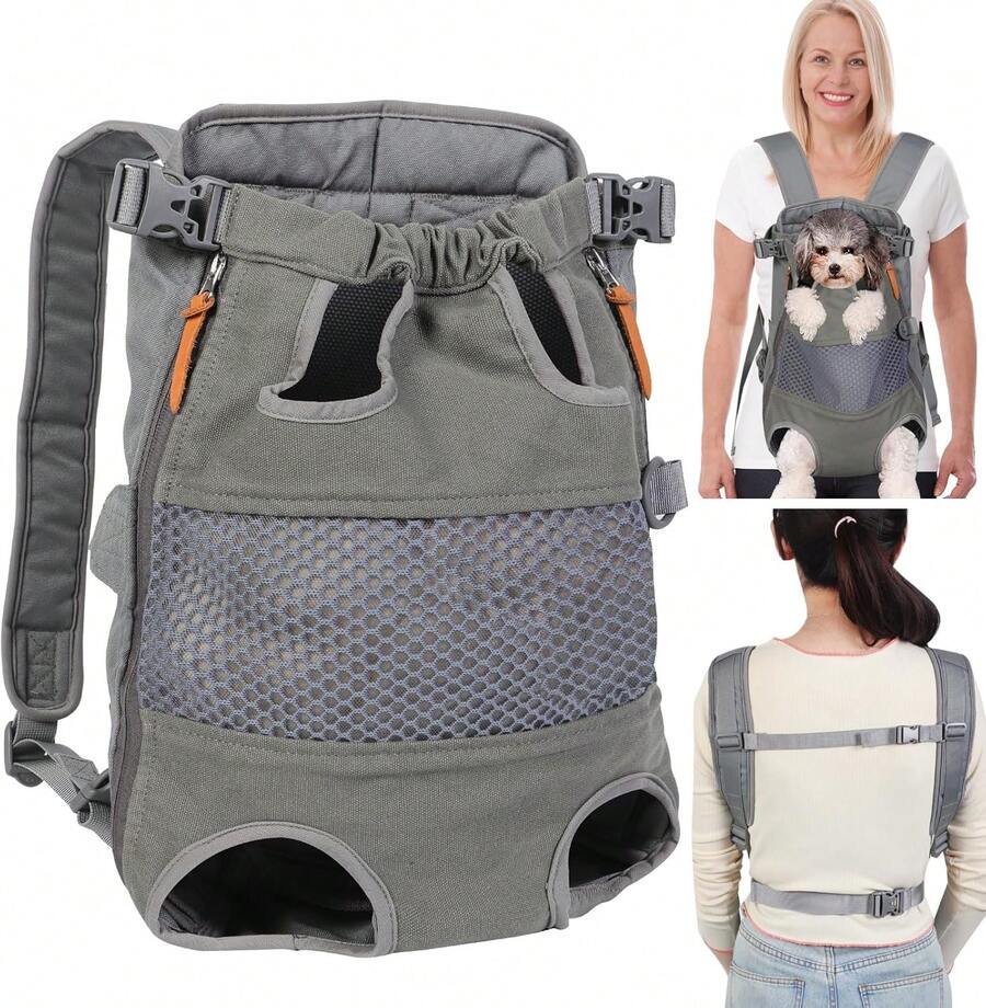 Mochila transportadora gris para perros – Piernas hacia afuera – Mochila portadora para mascotas para perros pequeños, medianos y grandes, aprobada por aerolíneas – Bolsa de viaje para gatos sin malla para caminar, senderismo, bicicleta y motocicleta - 1 - Ver 1