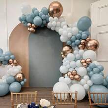 Dusty Blue And Gold Balloons, 12 Inch Blue Gold Balloons, Retro Fog Blue Metallic Golden White Confetti Balloons Latex Balloon Wedding Shower Gender Reveal Birthday Party Decoration - 灰藍金+50件 - 查看 5