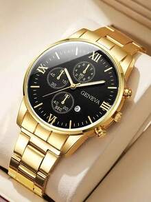 Set de 4 relojes de cuarzo de moda casual con caja redonda, gran valor, conjunto de relojes de pulsera para jóvenes, correa de acero y piel de PU, diseño de calendario, adecuado para uso diario, fiesta, regalo, cumpleaños, Navidad