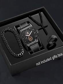 Men's Watch Black Simple Four-Piece Set, Including Watch, Bracelet, Necklace And Ring, Suitable For Casual And Formal Occasions, Simple And Elegant Necklace Jewelry Set, The Best Gift For Friends
