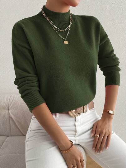 Plus Size Solid Color Stand Collar Knit Sweater