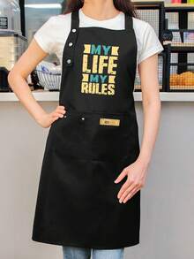 High Quality Chef Apron With Text/Logo Printing - Heavy-Duty Cooking Baking Workwear, Adjustable Waist/Tie, Golden/Black Digital Print (No Pockets) For Restaurants, Kitchens & Gifts - Durable Aprons For &, Shoulder Apron, Overhead Apron, Apron With Pocket, Apron For Service, Apron With Pockets, Aesthetic Apron, Apron For Aesthetics, Half Apron, Waffle Apron, Thick Apron, Apron Short, Cross Back Apron, Washable Apron, Apron For Cooking, Apron Coffee, Short Apron, Apron Cooking - 黑色 - 查看 1
