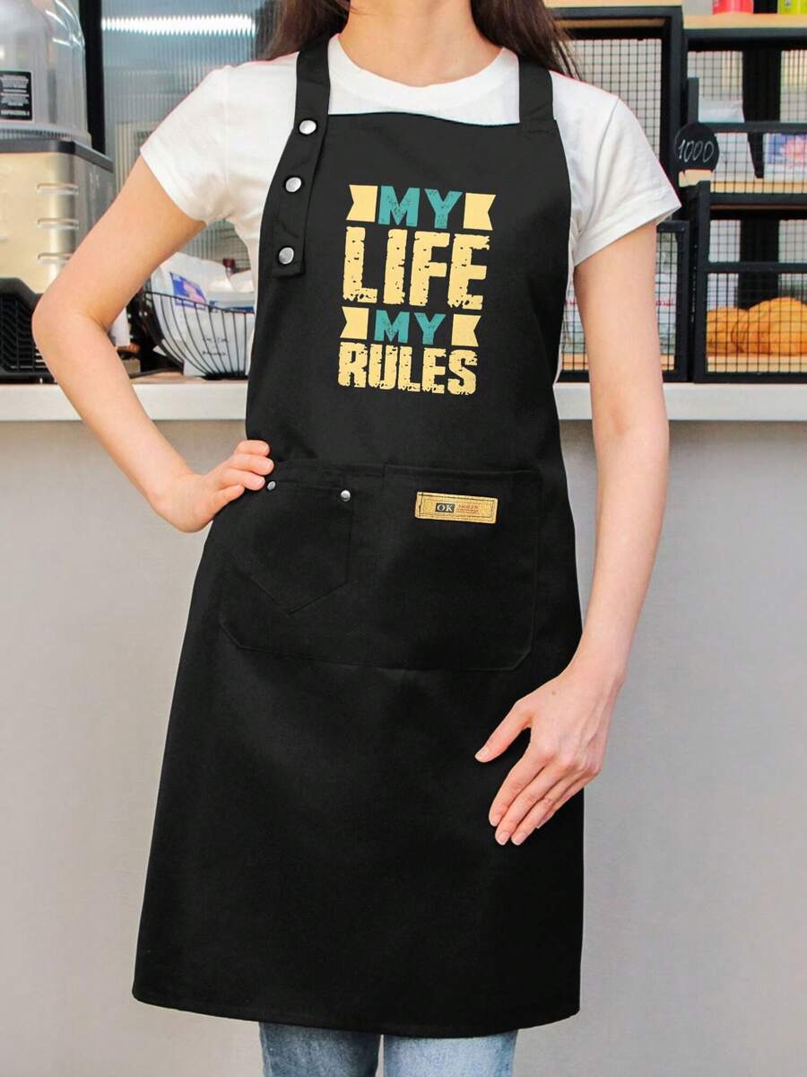 High Quality Chef Apron With Text/Logo Printing - Heavy-Duty Cooking Baking Workwear, Adjustable Waist/Tie, Golden/Black Digital Print (No Pockets) For Restaurants, Kitchens & Gifts - Durable Aprons For &, Shoulder Apron, Overhead Apron, Apron With Pocket, Apron For Service, Apron With Pockets, Aesthetic Apron, Apron For Aesthetics, Half Apron, Waffle Apron, Thick Apron, Apron Short, Cross Back Apron, Washable Apron, Apron For Cooking, Apron Coffee, Short Apron, Apron Cooking - 黑色 - 查看 1
