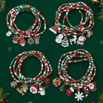 5/10/20/60/100 件波西米亚圣诞彩色种子珠，可堆叠，圣诞老人和雪花装饰手链，圣诞派对和新年礼物 - 手链随机