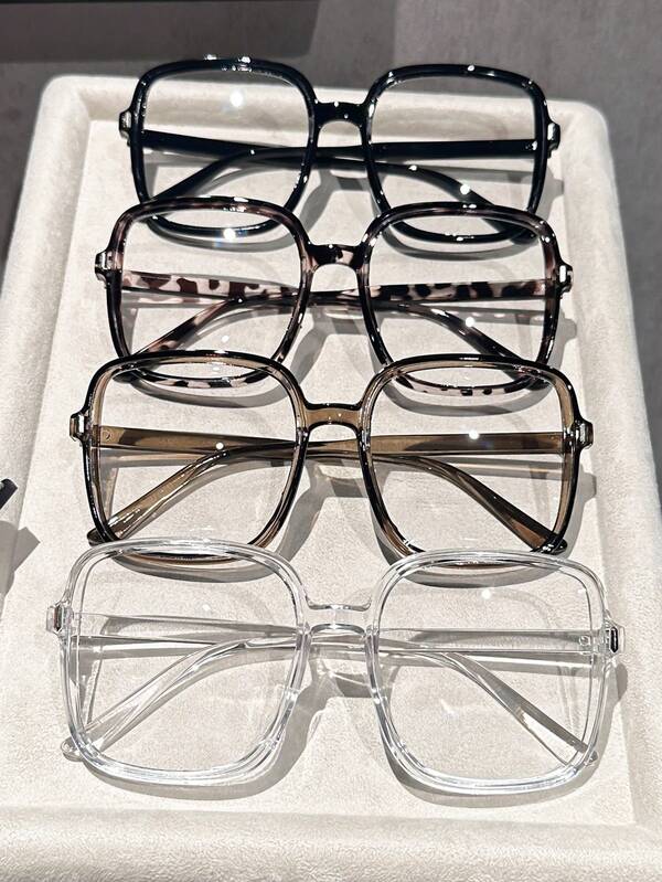 4 Stücke minimalistischer Ins-Stil, lässige, klassische, tragbare, einfache, alles passende, große Kunststoffrahmen-Brille mit klaren Gläsern in geometrischer Form, für Frauen - Alltag, Büro, Lesen, Straßenaufnahmen, geeignet für alle Gesichtsformen
