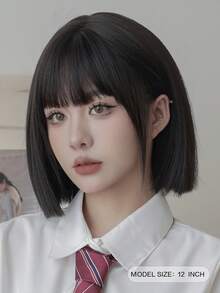 NAMM 12 Inch Black Short Bob Wigs For Women - Elegant Short Straight Hair Wig With Bangs, Premium Silky Synthetic Heat Resistant Costume Wig For Daily Wear, School & Music Festivals Celebrations Use. ,Halloween Cosplay Anime Or Costume Use