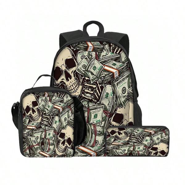 Halloween Gifts - Halloween Skull Pattern Print 42 Cm Height With Front Bag Backpack Three Pieces Set (Front Bag Backpack + Lunch Bag + Pencil Bag)