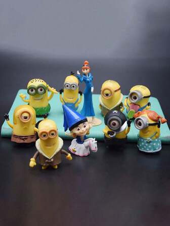  10pcs Minions Theme Figurines Set, Includes Stuart+Bob+Kevin Decor, Cute Minions Decorations, Cartoon Character Home Decor, PVC Material, Car Accessories, Collectible Ornaments, Perfect Gift For Christmas, Thanksgiving