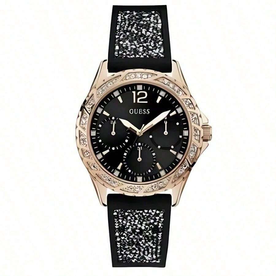 Guess Sparkling W1096L5 Casual Stylish Women's Silicone Strap Quartz Watch Black Round Dial Bezal With Crystals Fashion Lady's Watch Suitable For Daily Party Outdoor Wear Ideal Gift For Women