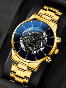 4-Piece Stylish Business Casual Men's Watch Set, Including A Stainless Steel Quartz Movement Watch, A Cross Necklace, A Bracelet And A Ring - Business Casual Style - The Perfect Gift For Him, Birthday Gift, Graduation Gift