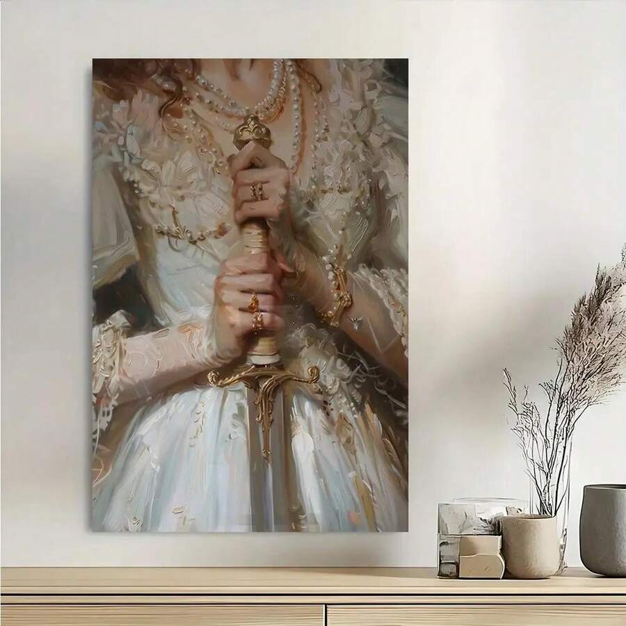 1pc Frameless Victorian Sword Art Canvas Poster - Moody Antique Baroque Painting Of Elegant Woman With Sword, 12x18 Inch Vintage Wall Decor For Living Room, Bedroom, Study, Victorian Home Decor, Study - 彩色 - 查看 1