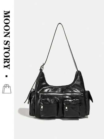 Niche Baddie Y2K Motorcycle Vintage Style Soft Leather Pocket Shoulder Bag, Fashionable New Design, Casual & Versatile