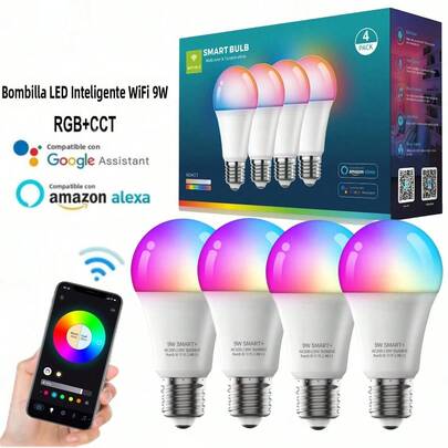 EDVELLA Bombilla LED inteligente WiFi de 9 W RGB + CCT, adecuada para múltiples escenarios, disfrute de la experiencia de iluminación inteligente
