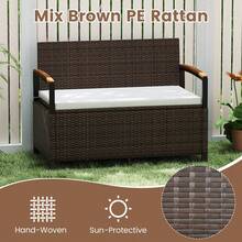 Outdoor Storage Bench W/Cushion Backrest & Acacia Wood Armrests Hidden Storage - Mix Brown - View 6