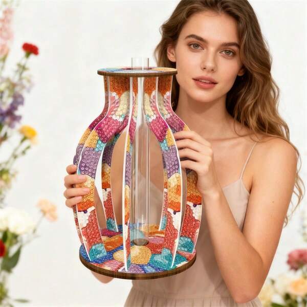 LaoJieYuan Nuevo estilo 2025 Jarrón de pintura de diamantes de madera azul rosa, kit de pintura de diamantes de sobremesa, adornos de escritorio con rhinestones para manualidades de arte de diamantes para adultos principiantes