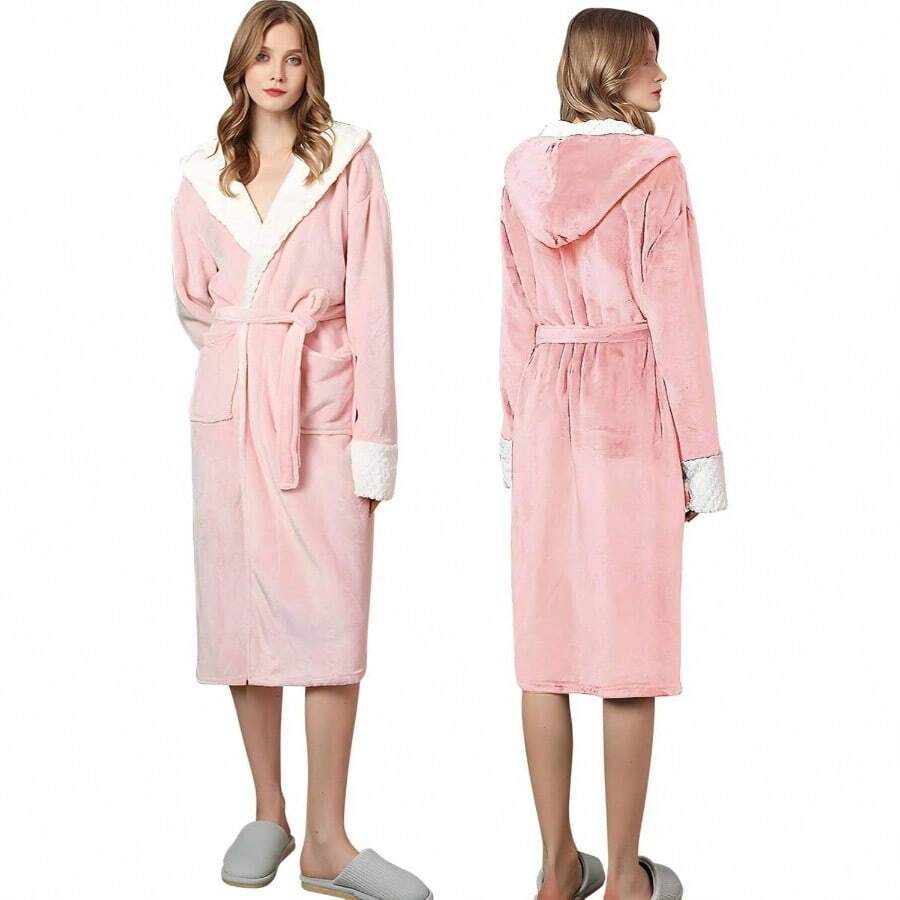 Sebami de Bao de Felpa Con Capucha para Mujer, Albornoz de Franela Gruesa, Trmico, Adecuado para Invierno, Camisn - Talla única + Rosa - Ver 1