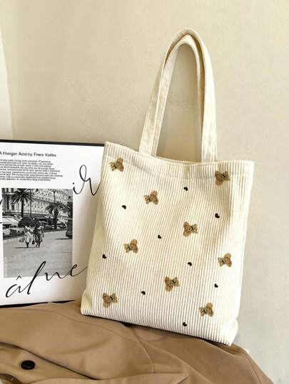 1 件可爱小熊女士手提包 - 轻质涤纶单肩包，配有固定肩带，动物印花设计，粉色、米色、蓝色等，适合海滩、旅行、健身房或日常使用