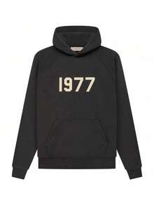 Black Vintage Flocked Hooded Fall Sweater Sweatshirt, 1977 Limited Edition Printed Sweatshirt, High-End Cotton Relaxed Fit, Cracked Flocking, Street Style And Fall Travel Photography Essentials, Youthful Urban Style Urban Exploration And Outdoor Recreation For All Day Comfort.Fall Halloween Sweater