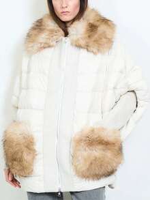 Women's Casual Plain Padded Coat With Faux Fur Collar And Pockets Warm Lined Quilted Regular Length Winter Jacket With Double Zipper - White - View 3