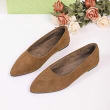 Women's Pointed Toe Flats, Suitable For Outdoor, Office, Fashion Solid Color Warm Lining Shoes For Autumn/Winter