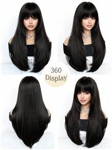 Natural Daily Hair For Women Black Straight Layered Wigs With Fluffy Bangs 26 Inch - Black - View 5