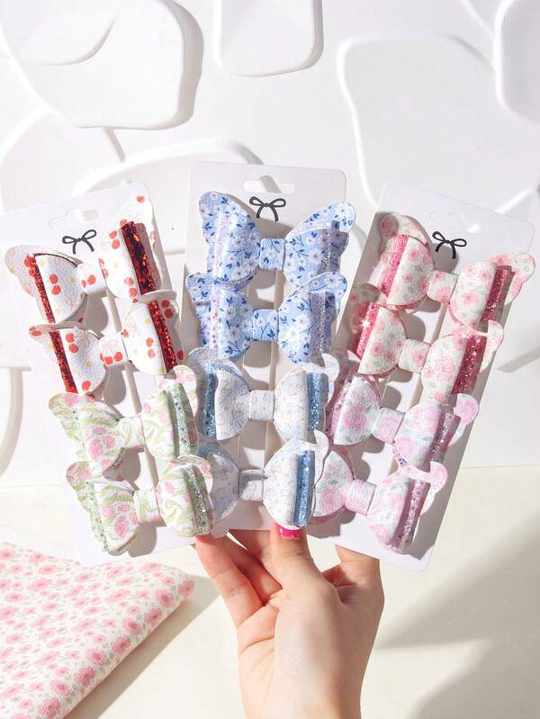 4Pcs/Set Adorable Bow Hair Clips Set With Floral Fruit Patterns Cute Glittery Hair Accessories For Girls And Children, Perfect For Adding Sweet Style To Any Look