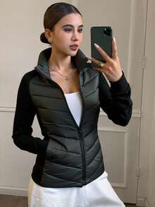 Livesso 女式立领修身夹棉大衣 冬季 - 黑色 - 查看 1