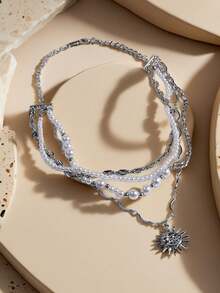 1PC Necklace Rhinestone-Encrusted Cross Faux Pearl Long Necklace Senior Sense Of Multi-Layer Faux Pearl Stacked Wear