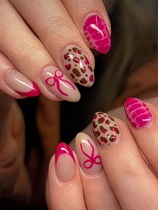 24pcs Short Almond-Shaped, Press-On Fake Nails Set, With Leopard Print For Autumn And Winter, Pink French Bow Pattern, Acrylic Full Cover Overlay Manicure Kit, Perfect For DIY Art Supplies. Includes A Piece Of Jelly Glue And A Nail File, Suitable For Daily Wear, Parties, Dancing, And Gift-Giving.