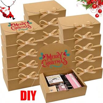 6-pack eleganta presentaskar i kraftpapper med lock och gyllene band, gör-det-själv stora presentaskar för bröllop, möhippa, födelsedag, examen, allmänna presenter - jul, halloween, thanksgiving, nyår, alla hjärtans dag redo