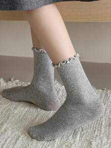 1 Pair/6 Pairs Women's Multi-Color Ruffle Trim Mid-Calf Socks, Warm And Cute Lace Socks For Autumn/Winter - Multicolor - View 12