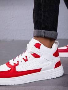 1 par de zapatillas de skateboard de caña alta para hombres, blanco y rojo, cómodas zapatillas casuales con cordones y suela de EVA, adecuadas para uso diario, ir y venir, ocio, fitness, reuniones y talla grande, otoño