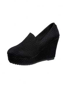 10cm Wedge Heel Elegant Black Comfortable Versatile Slip-On Flats, Suitable For Daily, Vacation, Commute, Party, Valentine's Day Date - Black - View 8