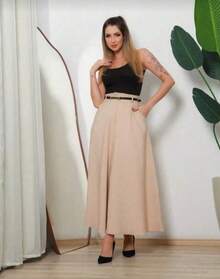Women's Long Round Skirt Tailoring Evangelical Fashion Casual Basic Winter High Waist Elegant - 米色 - 查看 2