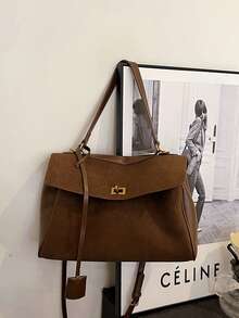 2025秋冬新款绒面革托特包，复古金属装饰，女士商务/通勤手提包，新款哑光皮革托特包，男女通用单肩包/斜挎包 - 咖啡 - 查看 13