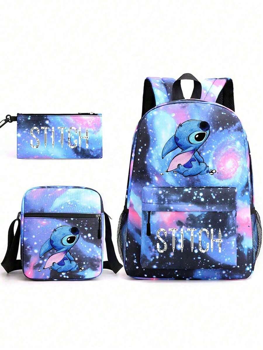 3D打印星空动画儿童铅笔袋背包单肩包三件套，适合开学季；大容量化妆品收纳包，可装口红、化妆刷、护肤品、手机、零钱、小物件等，居家、送礼、度假、节日（万圣节、圣诞节等）多功能用途 - 彩色 - 查看 1