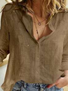 Women's Cotton Linen Blouse Long Sleeves Plus Size - Brown - View 1