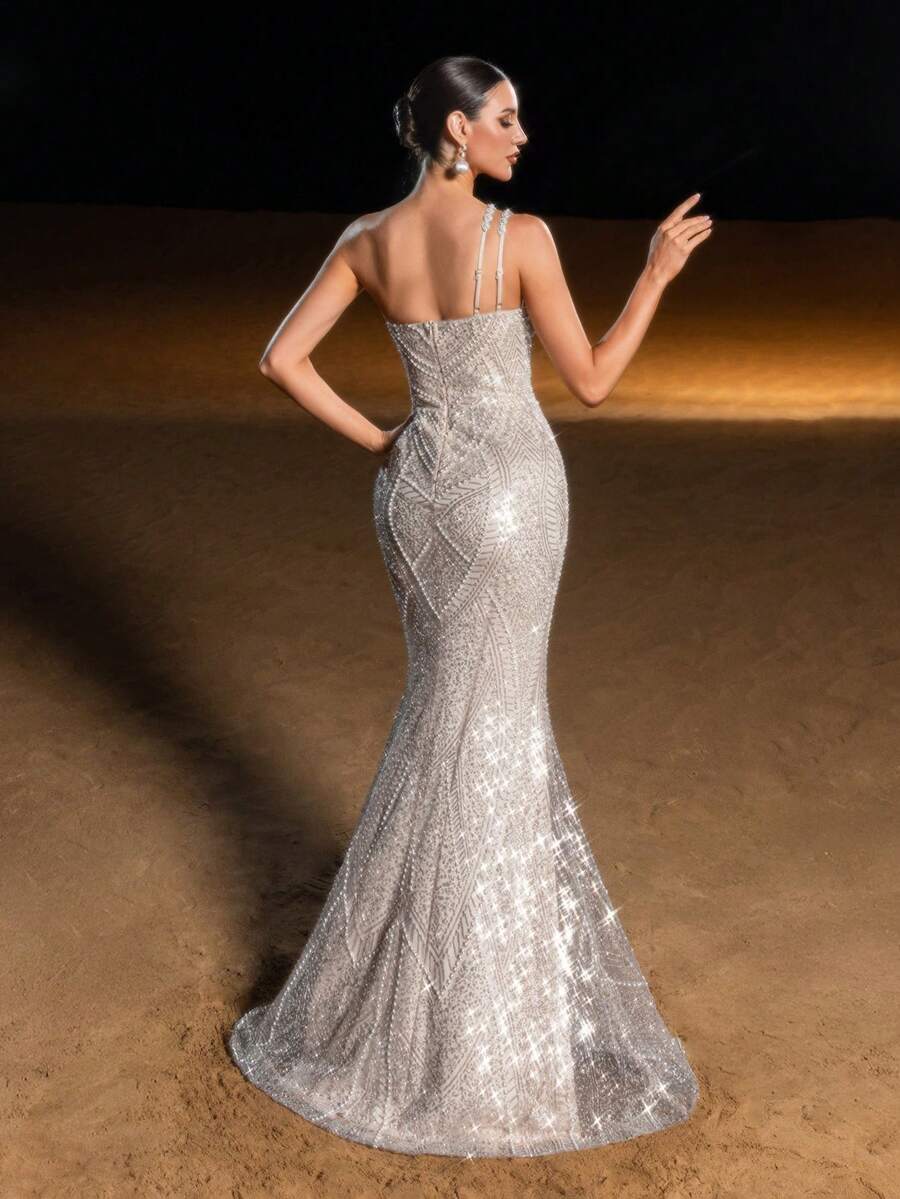 Elisanya Haute Glamour Luxury Geometric Sequin & Bead Mermaid Evening Gown – One-Shoulder With Asymmetrical Rhinestone Chain Strap, Fish-Tail Skirt