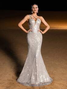 Elisanya Haute Glamour Luxury Geometric Sequin & Bead Mermaid Evening Gown – One-Shoulder With Asymmetrical Rhinestone Chain Strap, Fish-Tail Skirt - Apricot - View 5