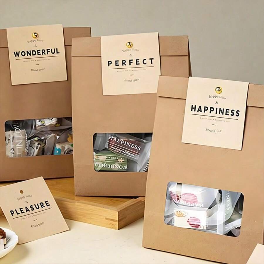 10 Pieces - Kraft Paper Packaging Bag Biscuit Snowflake Crisp Glutinous Rice Boat Cookie Candy Nougat Toffee Food Box Baking Clean No Sticky No Residue