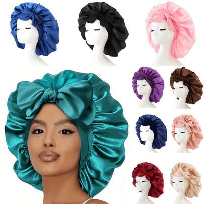 Awegeo 女士纯色系带睡帽 - 光滑缎面睡眠帽，保护头发，舒适防滑，适合长发睡眠，夏季、海滩、帽子