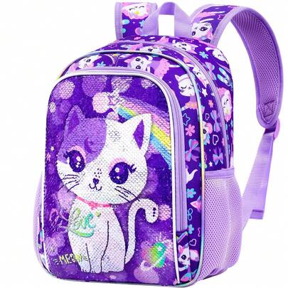 Rucksack für Mädchen, modisch und leicht, großer Stauraum für den täglichen Gebrauch - Lila Studentenrucksack ist leicht und tragbar - Lila Katze