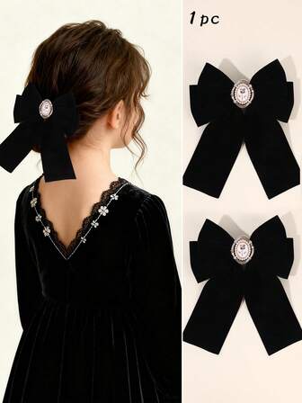 1 件天鹅绒黑色蝴蝶结发夹，简约仿珍珠装饰发饰，精致发夹，适合秋冬季儿童发饰，适合宴会和生日派对