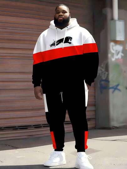 Plus Size Men's Colorblock Panther Print Hoodie Sweatshirt Set, Casual Street Sports 2 Pieces Outfit