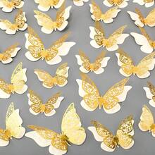 120 Pieces Gold And White 3D Layered Butterfly Wall Decor Removable Butterfly Stickers Hollow Mural Decals For Birthday Cake Decorations Crafts Bouquet Flower Arrangements - 白色 - 查看 1