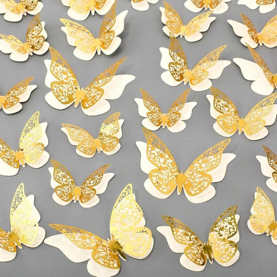 120 Pieces Gold And White 3D Layered Butterfly Wall Decor Removable Butterfly Stickers Hollow Mural Decals For Birthday Cake Decorations Crafts Bouquet Flower Arrangements - 白色 - 查看 1