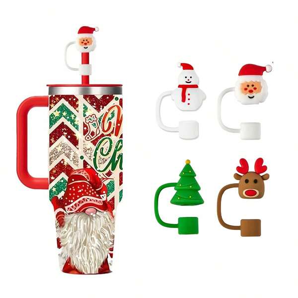 2pcs/4pcs Christmas Themed Silicone Straw Caps, Santa Claus, Snowman, Christmas Tree Straw Dust Plugs, Fit For 30oz & 40oz Tumblers, Cup Decor Accessories, Holiday Party Gifts