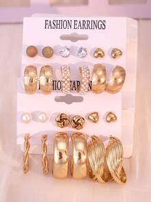 24-12pcs Fashionable & Elegant Heart Shape And Striped Women Metal Earrings Set, Rhinestone Inlaid Earrings And Simple Stud Earrings, Suitable For Daily Life And Summer Vacation Wear