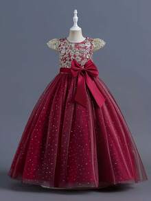 Girls Sequin Embroidered Bodice Tulle Ball Gown Dress With Glitter Skirt Short Sleeves And Big Bow Back Princess Flower Girl Dress For Wedding Birthday Pageant Formal Occasion - 酒紅色 - 查看 2