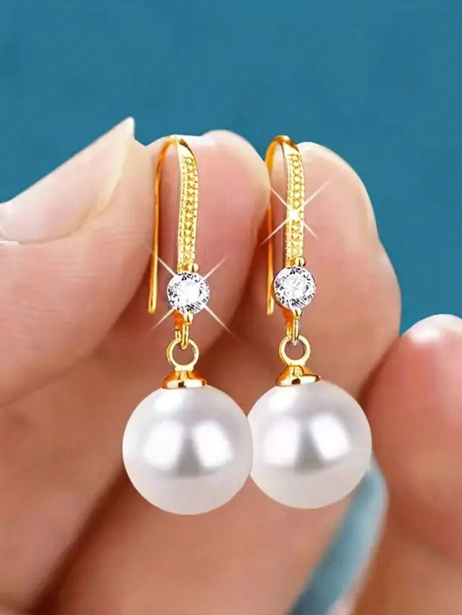 女士吊坠耳环，高品质白色人造珍珠订婚婚礼耳环，适合女性日常佩戴、婚礼和节日 - 理想的周年纪念、生日、母亲节、家庭礼物